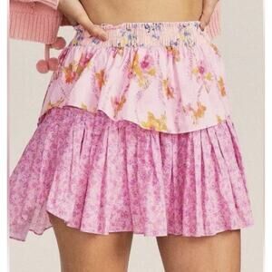LoveShackFancy Ruffled Two Tier Mini Skirt in Exploded Pink Floral Design Size M